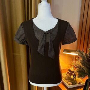 Ann Taylor LOFT Brown Knit Bow Neck Short Sleeve Top Women's Size S